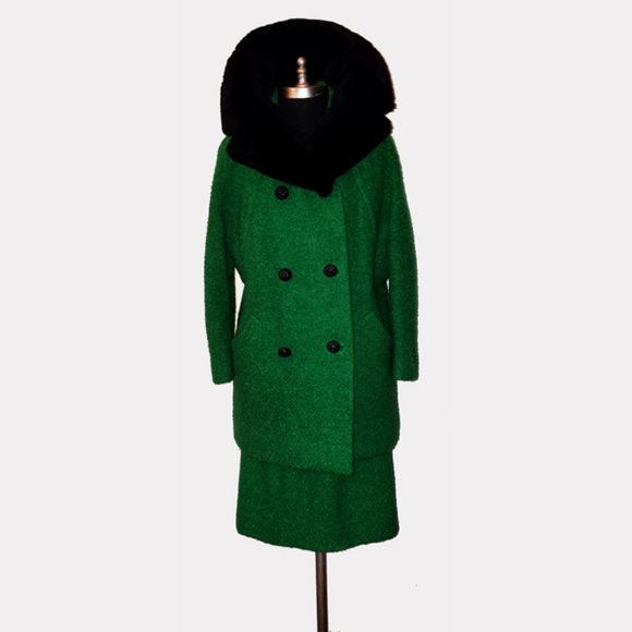 Vtg 60s 2 PC Boucle Wool Mouton Fur Skirt Suit M - Picture 3 of 12